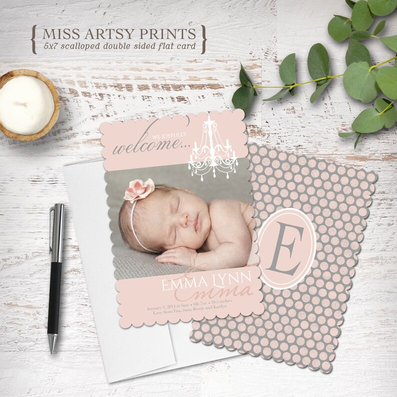 Birth Baby Announcement Photo Card 5x7 Ornate Printable or Professional Printing