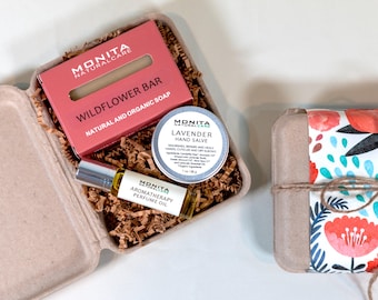 Mini set de regalo para el cuidado personal: jabón vegano, aceite perfumado y bálsamo para manos. Set de regalo para ella.