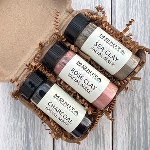 Natural Clay Mask Trio Set: Rose, Charcoal, Sea Clay