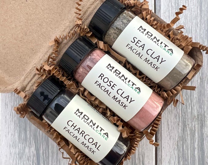 Natural Clay Mask Trio Set - Rose, Charcoal, Sea mud, Vegan gift Set, Mother’s Day Gift