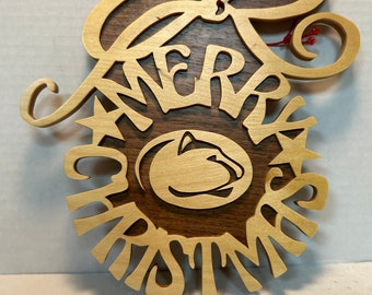 Scroll saw cut merry Christmas Penn State wall hanging