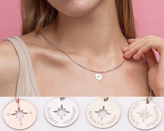 Compass Necklace Women, Personalized Coordinate Jewelry, GPS Coordinates Necklace