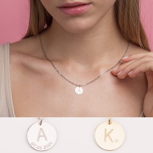 Initial Disk Necklace, Custom Gold Initial Date Necklace