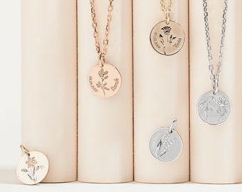 Birth Flower Necklace with Name, Birth Month Flower Necklace, Birthflower Jewelry