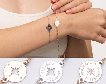 Personalized Coordinate Bracelet for Her, Compass Bracelet Girlfriend Gift, Graduation Gift for Daughter