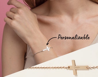 Pulsera Cross Mujeres Pulsera Cruz de Oro Personalizada Plata Lateral Pulsera Cruz Pulsera Cristiana Regalo de Bautismo