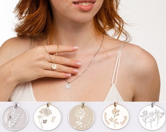 Birth Flower Necklace with Name, Birth Month Flower Necklace, Birthflower Jewelry