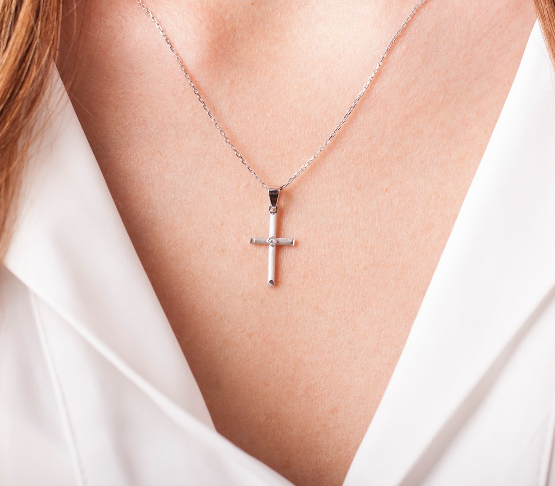 14K Solid Gold Cross Necklace Diamond Cross Pendant for Women Etsy