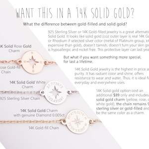 Puede incluir: Una comparaci&oacute;n de joyas de oro s&oacute;lido de 14 quilates y joyas chapadas en oro. La imagen muestra tres estilos diferentes de dijes: un dije de br&uacute;jula, un dije de estrella y un dije de diamante. El texto explica la diferencia entre el oro s&oacute;lido y el oro chapado, destacando la diferencia de precio y la durabilidad del oro s&oacute;lido.