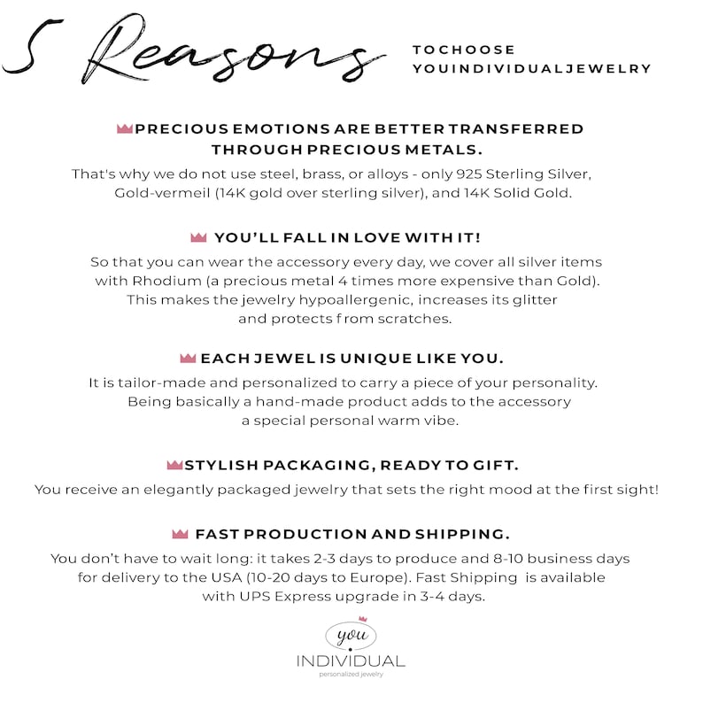 May include: A graphic with a pink crown and the text "5 Reasons to Choose You Individual Jewelry". The graphic lists five reasons why precious metals are better for jewelry, including that they are hypoallergenic, unique, and come in stylish packaging. The graphic also includes information about production and shipping times.