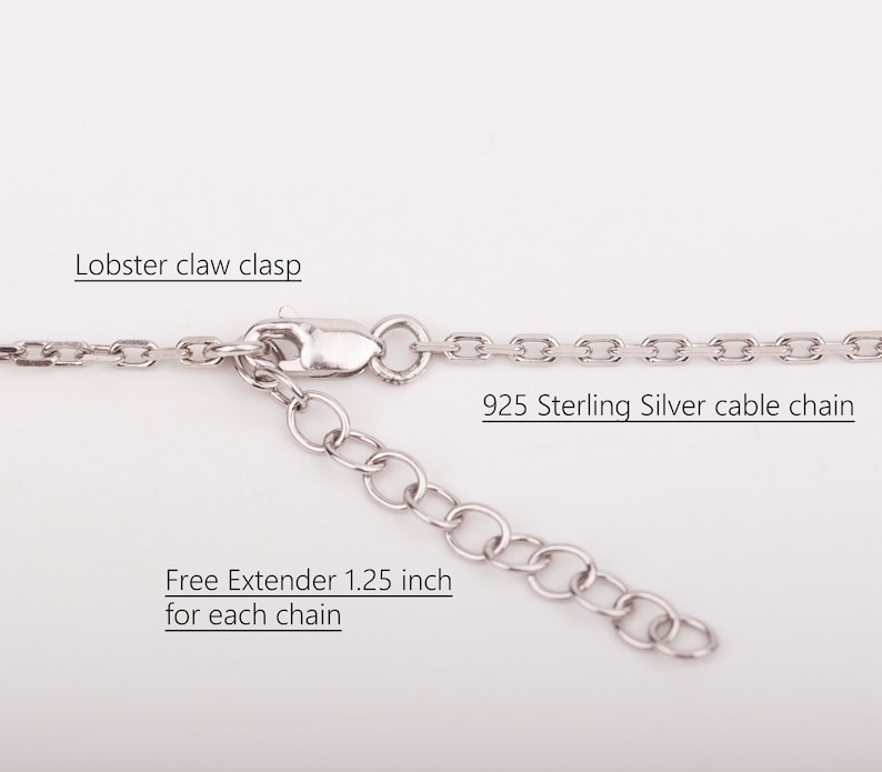 May include: A silver cable chain necklace with a lobster claw clasp and a 1.25 inch extender. The chain is made of 925 sterling silver.