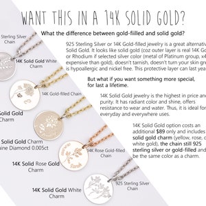 May include: A comparison chart of 14K solid gold jewelry options, including solid gold, gold-filled, and sterling silver chains. The chart highlights the differences in price, purity, and durability of each option. The image also features various charms with different designs and names, such as "Jennifer" and "Sarah".