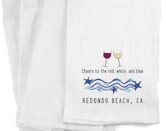 Americana Inspired Kitchen Towels, Personalized Beach Theme Dish Towels Customized with Your Favorite Place