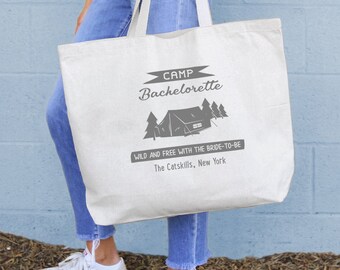 Fun Bachelorette Party Gift, Personalized Tote Bag with Camping Theme, Weekend Bachelorette Canvas Tote Bag, Personalized Tote with Location