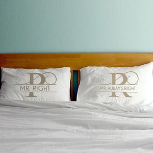 Personalized Cotton Pillowcases, Mr. Right & Mrs. Always Right Monogram, Wedding Anniversary Gift
