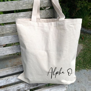 Alpha Omicron Pi sorority medium tote showcasing a cute nickname in elegant script