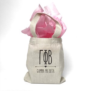 Boho theme Gamma Phi sorority tote bag is perfect for gift giving as a reusable gift bag. Made of cotton canvas it is durable too.