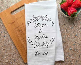 Custom Kitchen Towels, Personalized with Floral Wreath, Names and Year