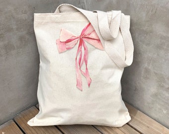 Pink Coquette Bow Tote Bag Cute Shoulder Bag for Fun Fashionable Gift Bridesmaid Tote Bags Large Bow Design in 6 Colors Book Club Gift