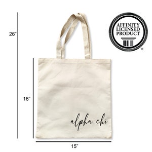 canvas tote measurement and also showing the sorority design placement on the tote bag