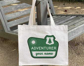 Personalized Mini Tote Bag, Custom Name Gift Bag, Camp Bachelorette Party Favor Tote, Small Canvas Tote, Girls Trip Gift, Adventure Awaits