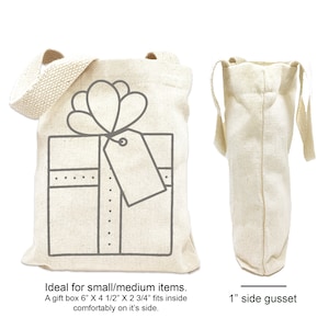This is a front and side view of the mini canvas tote bag along with the totes dimensions.
