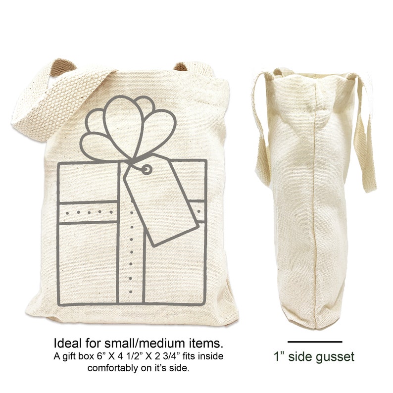 This is a front and side view of the mini canvas tote bag along with the totes dimensions.