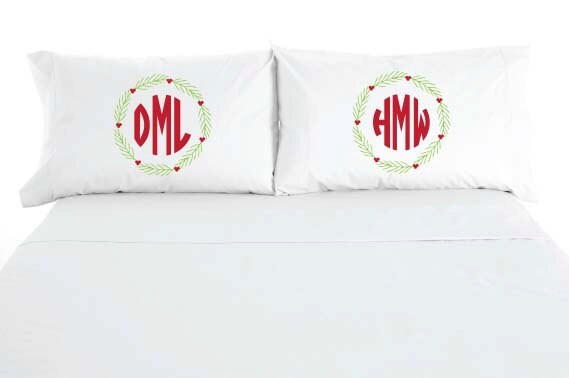 Monogram Christmas Holiday Wreath Pillowcases Custom Printed Holiday Bedroom Sold As A Set Of 2