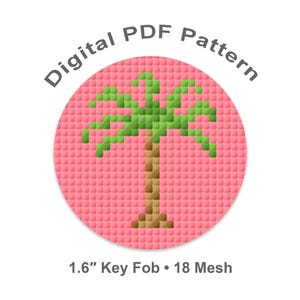 以下が含まれることがあります： ピクセル化されたヤシの木のデザインが特徴のデジタルPDFパターン。木は茶色の幹と緑の葉を持ち、ピンクの背景に設定されています。「Digital PDF Pattern」の文字がデザインの上にアーチ状に配置されています。「1.6" Key Fob • 18 Mesh」の文字が下にあります。