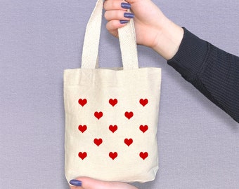 Hearts Mini Tote Bag, Cute Gift Bag with Hearts for Gift Giving, All Over Hearts Gift Bag Sold as a Set of 2 Bags in 5 colors