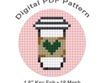 Needlepoint Key Fob Pattern • Coffee Cup • 1.6 Inch Circle • Mini Needlepoint Chart • PDF Download