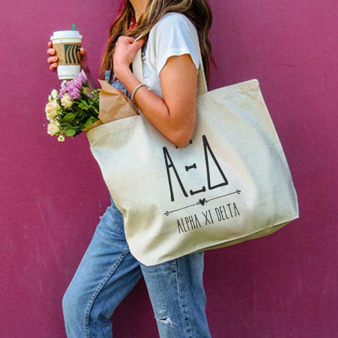 Alpha Xi Delta Retro Pom Pom Tote Bag - Light Blue, 15" X 15"