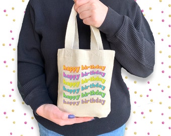 Colorful Happy Birthday Gift Bag, Birthday Party Favor, Cotton Favor Bags, Retro Birthday Bag for Gifts and Party Favor Treats for All Ages