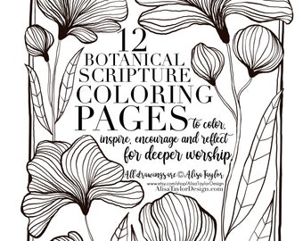 12 Botanical Bible Verse Coloring Pages, 12 page bundle, Scripture Coloring Book, Printable PDF Pages, Bible Study Gifts, scripture art