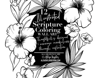 12 Printable Scripture Coloring Pages: Floral Bible Verse Art (Digital Download)
