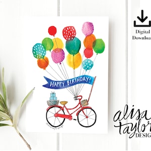 Tarjeta de feliz cumpleaños, descarga instantánea, tarjeta de cumpleaños para niños, globo, bicicleta, tarjeta de cumpleaños, tarjeta de cumpleaños descarga instantánea