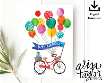 Happy Birthday Card, instant download, children's birthday card, balloon, bike, birthday card, birthday card instant download