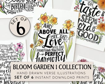 Botanical Bible Verse Prints, Set of 6, Floral Wall Art (Digital Download)