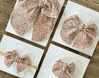 Pink & Purple Floral Muslin Gauze Hair Bow, Baby Girl Headband or Clip, Toddler Girl Bow, Vintage Flower Hair Accessory for Girls