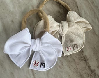 Baseball & Number Hand Embroidered Hair Bow for Baby Girl or Toddler | Custom Linen Sports Bow | Baby Shower Gift