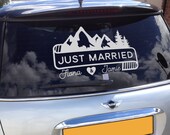 Mountain and Banner Just Married Getaway Car Decal