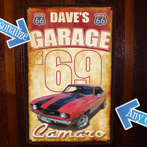 Vintage tinnen metalen bord voor garage. Gratis personalisatie! JOUW auto staat op het bord.