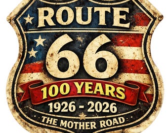 ルート66百周年記念サイン – 100周年記念 1926–2026 – マザーロード メタルウォール – アメリカンギフト – ヴィンテージ ハイウェイ66サイン – ガレージ マンケーブ