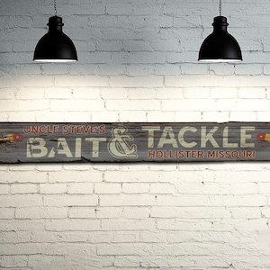 Custom Bait & Tackle Sign on Rustic Barn Wood. Vintage Fishing Sign measures 43 Inches long.