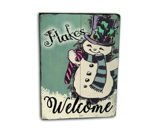 Flocos Bem-vindos - Placa de Natal Vintage Boneco de Neve