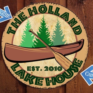Vintage Lake House Sign with Canoe - Personalized