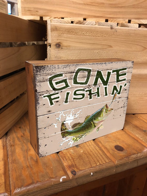 Vintage Gone Fishing Wood Box Sign 