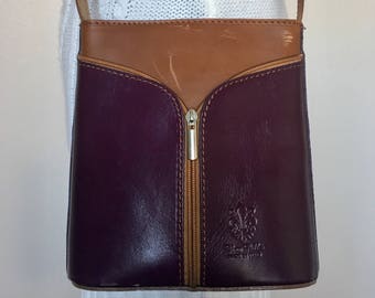 Vintage Italian Designer Vera Pelle Brown Purple Color Block Leather Shoulder Bag Purse