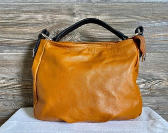 Vintage GIANNI CONTI Vera Pelle Brown Leather Hobo Shoulder Bag Ship Free