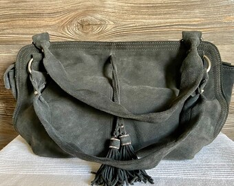 Vintage TALBOTS Gray Suede Leather Satchel Shoulder Bag Purse Ship Free